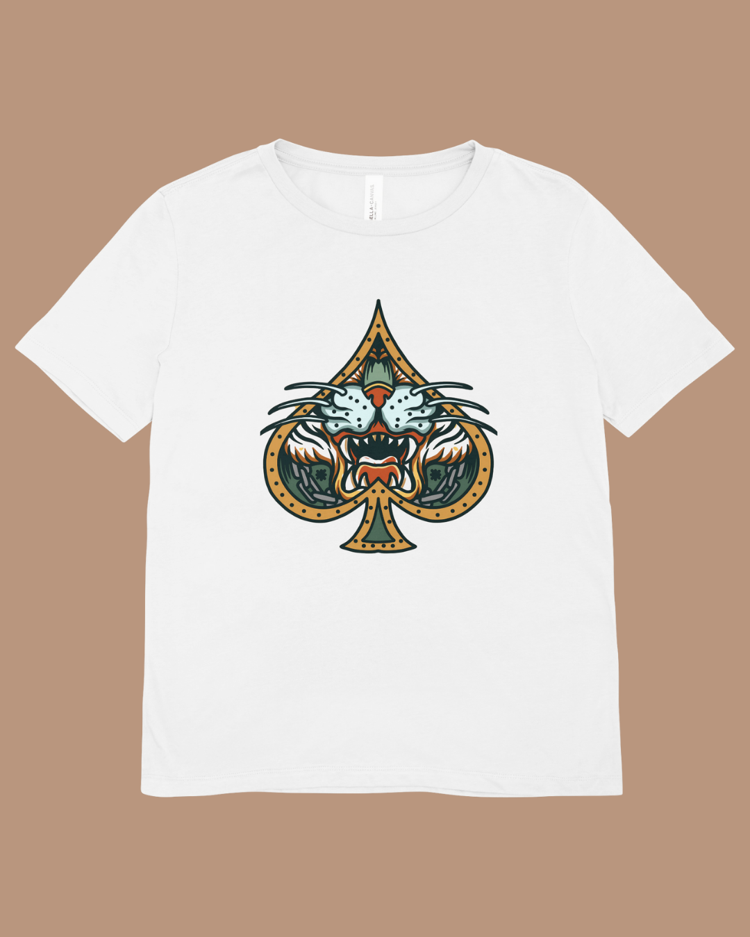 Men’s Bold Spade & Tiger Graphic T-Shirt – White Cotton Crew Neck Tee