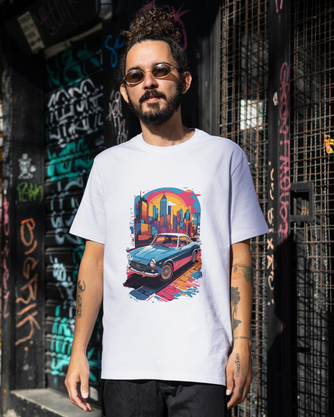 Men’s Retro Ride T-Shirt – Classic Car & Neon City Graphic Tee