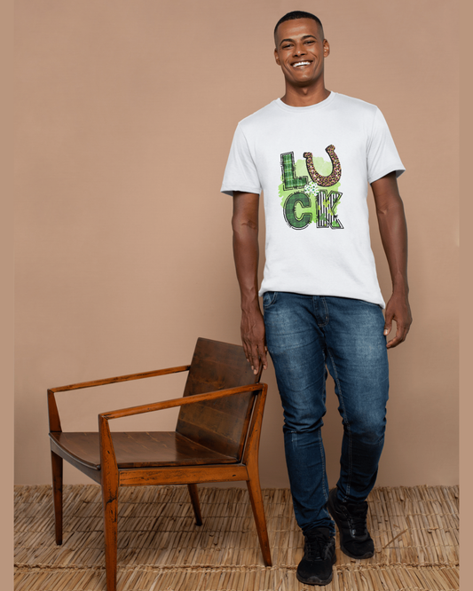 Men’s Graphic “LUCK” T-Shirt – White Cotton Tee with Horseshoe & Green Print Design