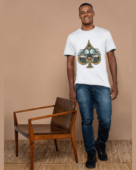 Men’s Bold Spade & Tiger Graphic T-Shirt – White Cotton Crew Neck Tee