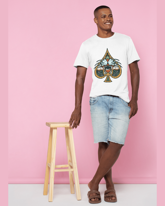 Men’s Bold Spade & Tiger Graphic T-Shirt – White Cotton Crew Neck Tee