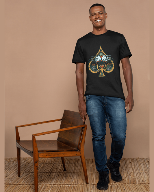 Men’s Spade & Tiger Graphic T-Shirt – Bold Black Crew Neck Tee