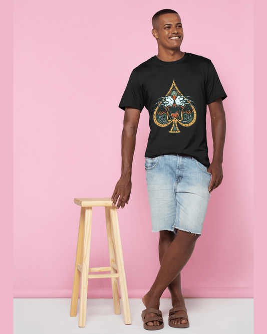 Men’s Spade & Tiger Graphic T-Shirt – Bold Black Crew Neck Tee