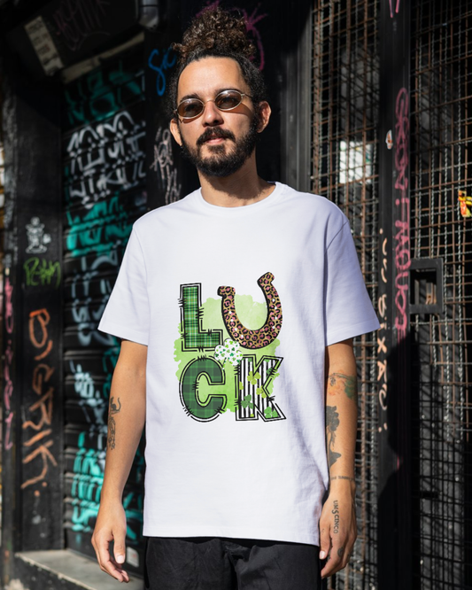 Men’s Graphic “LUCK” T-Shirt – White Cotton Tee with Horseshoe & Green Print Design