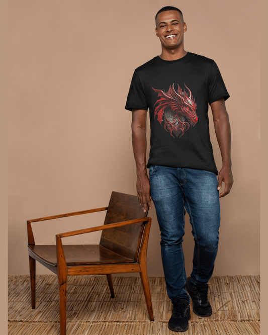 Shadow Flame Dragon T-Shirt – Red Tribal Art on Black