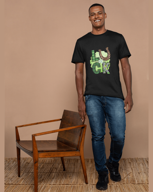 Men’s “LUCK” Graphic T-Shirt – Black Cotton Tee with Horseshoe & Green Lettering Design