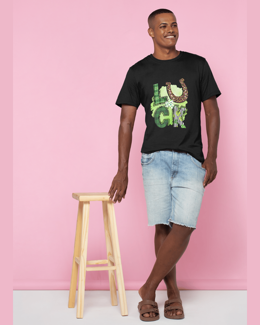 Men’s “LUCK” Graphic T-Shirt – Black Cotton Tee with Horseshoe & Green Lettering Design